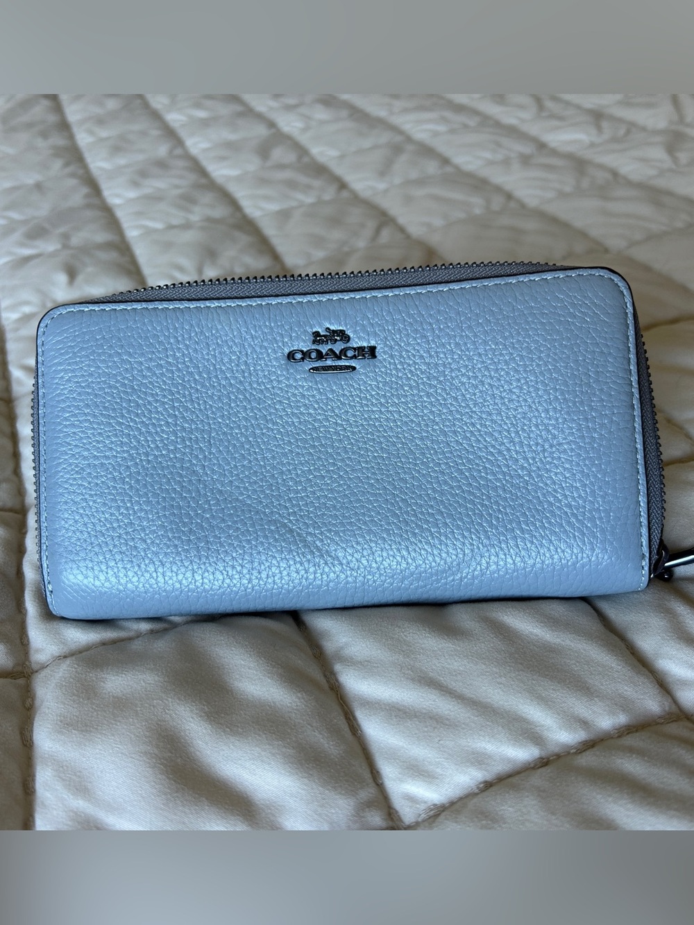 Coach Light Blue Pebbled Leather Zip-Around Wallet